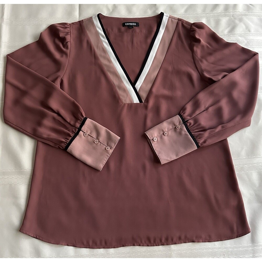 Express Women's Color-Block V-Neck Blouse - Size M - Mauve Taupe- Long Sleeve - Picture 7 of 16